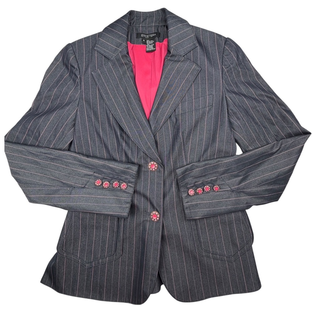 Etcetera Blazer Womens 4 Gray Pink Pinstripe Statement Buttons Business Jacket